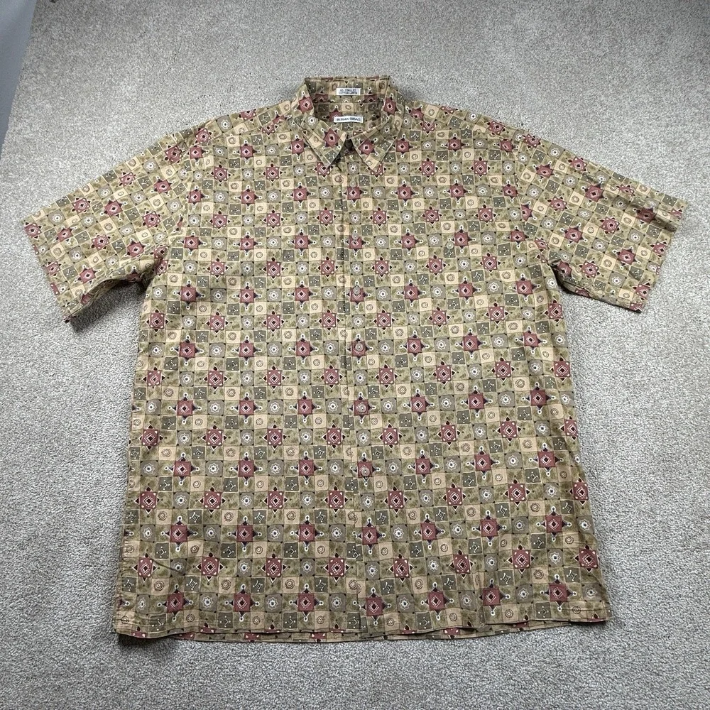BURMA BIBAS Men's XL Button Up Short Sleeve Geometric Mosaic 60 Singles Cotton‎